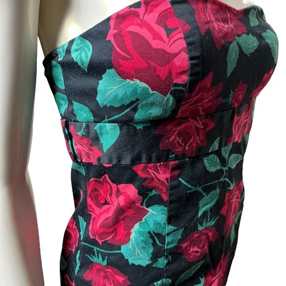 Vintage 90s Strapless Mini Dress Size L/10 - Vibrant Rose Floral Print Black - Picture 7 of 12